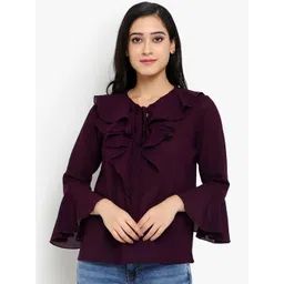Indietoga Purple Tie-Up Neck Ruffles Crepe Top-picture-13