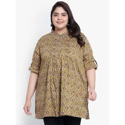 Indietoga Women Plus Size Abstract Printed Mandarin Collar Cotton Top-picture-33