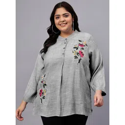 Indietoga Women Plus Size Floral Printed Embroidered Mandarin Collar Cotton Top-picture-36