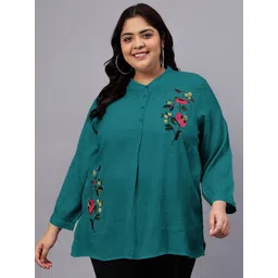 Indietoga Women Plus Size Floral Printed Embroidered Mandarin Collar Cotton Top-picture-40