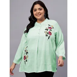 Indietoga Women Plus Size Floral Printed Embroidered Mandarin Collar Cotton Top-picture-39