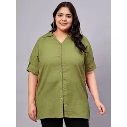 Indietoga Women Solid Roll-Up Sleeves Cotton Shirt Style Longline Top-picture-10