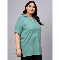 Indietoga Women Solid Roll-Up Sleeves Cotton Shirt Style Longline Top image 3