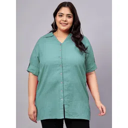 Indietoga Women Solid Roll-Up Sleeves Cotton Shirt Style Longline Top image 1