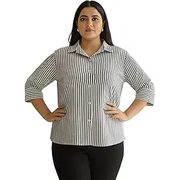 indietoga plus size Indietoga Women Black and White Striped Cotton Formal Shirt-picture-39