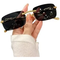 indifabro Rimless Sunglasses for Men and Women | Retro Gold Metal | Leopard Print Temples | Colored Lens Trendy Shades Inspired by MC Stan-picture-34
