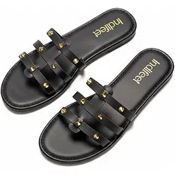 indifeet Flats for Women, Women's Stylish Studded Flat Footwear, Woman Latest Open Toe Slippers, Girls Embellished Slip Ons Chappals, Ladies Fancy Slip On Chappal image 1