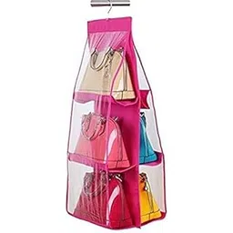 Inditradition Hanging Purse Handbags Organizer, 6 Shelves, Foldable, Non-Woven (Pink)-picture-22