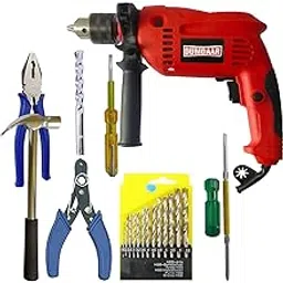 Inditrust Dumdaar13mm Electric Drill Machine 700W tool kit with 13pc hss Plier Wire Cutter Tester Screwdriver Hammer Masonry bit Set Pistol Grip Drill 100% Copper Winding (RED)-image-19