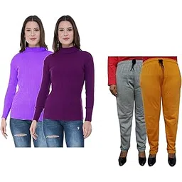 indiweaves Women Winter Wear Combo Pack- Full Sleeves High Neck/Skivvy and Fleece Warm Lower/Track Pants (Purple, Purple, Gray, Mustard,42) Pack of 4-picture-10