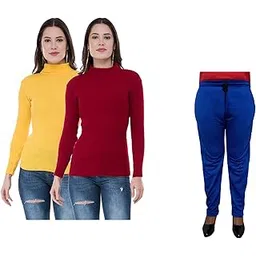 indiweaves Women Winter Wear Combo Pack- Full Sleeves High Neck/Skivvy and Fleece Warm Lower/Track Pants (Yellow, Maroon, Blue,38) Pack of 3-picture-45
