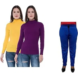 indiweaves Women Winter Wear Combo Pack- Full Sleeves High Neck/Skivvy and Fleece Warm Lower/Track Pants (Yellow, Purple, Blue,40) Pack of 3-picture-44