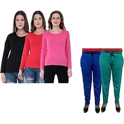 indiweaves Women Winter Wear Solid Cotton Full Sleeves T-Shirt and Fleece Warm Lower/Track Pants Pack of 5-picture-40