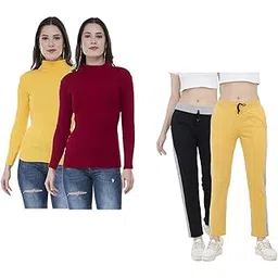 indiweaves Women Winter Wear Woolen Warm High Neck/Sweaters and Solid Fleece Warm Track Pants/Lower (10110-020473200-0102-iw-y-p4-l_Yellow, Maroon, Black, Yellow_L) Pack of 4-picture-25
