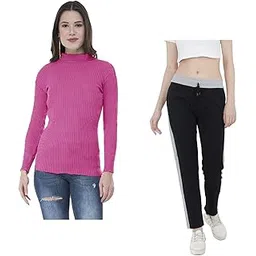 indiweaves Women Winter Wear Woolen Warm High Neck/Sweaters and Solid Fleece Warm Track Pants/Lower (10110-0973200-01-iw-y-p2-m_Pink, Black_M) Pack of 2-picture-40