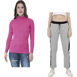 indiweaves Women Winter Wear Woolen Warm High Neck/Sweaters and Solid Fleece Warm Track Pants/Lower (10110-0973200-04-iw-y-p2-xl_Pink, Gray_XL) Pack of 2-picture-41