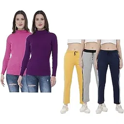 indiweaves Women Winter Wear Woolen Warm High Neck/Sweaters and Solid Fleece Warm Track Pants/Lower (Pink, Purple, Yellow, Gray,Navy Blue_L) Pack of 5-picture-53