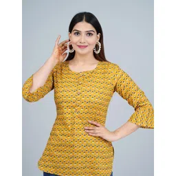 Indiwest Women Mustard Ethnic Printed Casual Cotton Top-picture-37