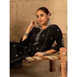 Indo Era Black Embroidered Pure Cotton Round Neck Tunic With Trouser-picture-39