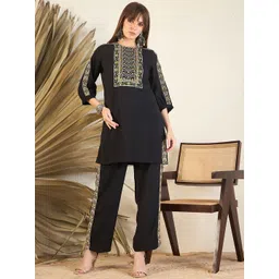 Indo Era Black Floral Embroidered Round Neck Straight Kurta With Trouser-picture-23