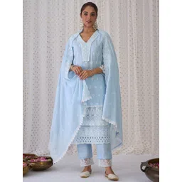 Indo Era Blue Floral Embroidered Thread Work Pure Cotton Kurta With Trousers & Dupatta-picture-16