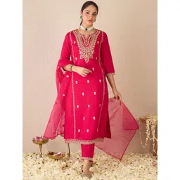 Indo Era Embroidered Gotta Patti Work Notch Neck Kurta With Trousers & Dupatta-picture-29