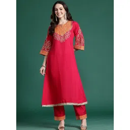 Indo Era Embroidered Round Neck A-Line Top With Trousers Co-Ords Set-picture-26