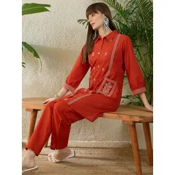 Indo Era Embroidered Shirt Collar Three-Quarter Sleeves Pure Cotton Tunic And Trousers-picture-25