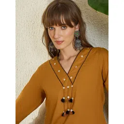 Indo Era Embroidered V-Neck Pure Cotton Top With Trouser-picture-28