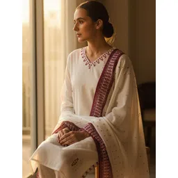 Indo Era Embroidered V-Neck Thread Work Pure Cotton Straight Kurta With Trousers & Dupatta-picture-11