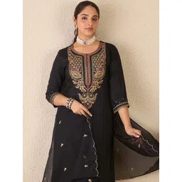 Indo Era Ethnic Motifs Embroidered Round Neck Pure Cotton Kurta With Trousers & Dupatta-picture-37