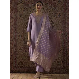 Indo Era Ethnic Motifs Embroidered Round Neck Thread Work Kurta With Trousers & Dupatta-picture-35