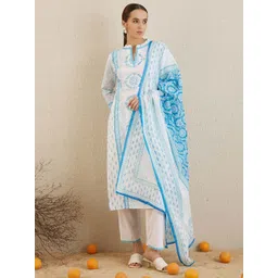 Indo Era Ethnic Motifs Printed Mandarin Collar Cotton Straight Kurta & Trousers & Dupatta-picture-40