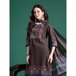 Indo Era Ethnic Motifs Striped Sequinned Pure Cotton Kurta With Trousers & Dupatta-picture-13