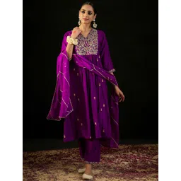 Indo Era Floral Embroidered Empire Aari Work A-Line Kurta & Trousers With Dupatta-picture-41