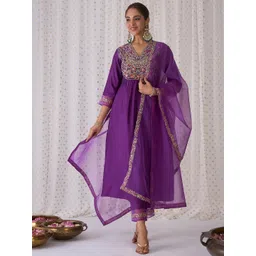 Indo Era Floral Embroidered Pleated Zari Liva Anarkali Kurta With Trousers & Dupatta-picture-14