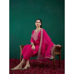 Indo Era Floral Embroidered Regular Liva Zari Kurta With Trousers & Dupatta-picture-17