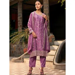 Indo Era Floral Embroidered Regular Thread Work Straight Kurta with Trousers & Dupatta-picture-28