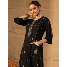 Indo Era Floral Embroidered Round Neck Pure Cotton Thread Work A-Line Kurta & Trousers-picture-29