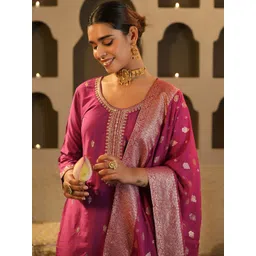 Indo Era Floral Embroidered Round Neck Zari Straight Kurta & Trousers With Dupatta-picture-19