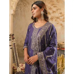 Indo Era Floral Embroidered Round Neck Zari Straight Kurta & Trousers With Dupatta-picture-20