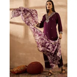 Indo Era Floral Embroidered Straight Zari Work Kurta With Trousers & Dupatta-picture-15