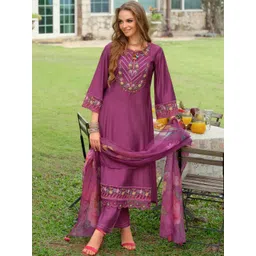 Indo Era Floral Embroidered Thread Work Kurta with Palazzo & With Dupatta-picture-42