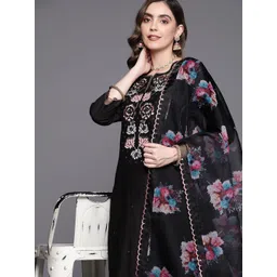 Indo Era Floral Embroidered Thread Work Liva Kurta with Trousers & With Dupatta-picture-17