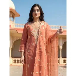Indo Era Floral Embroidered Thread Work Straight Kurta With Trousers & Dupatta-picture-25