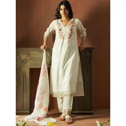 Indo Era Floral Embroidered V-Neck Thread Work Straight Kurta With Trousers & Dupatta-picture-11