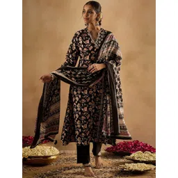 Indo Era Floral Printed Angrakha Pure Cotton A-Line Kurta With Trousers & Dupatta-picture-39