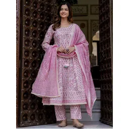 Indo Era Floral Printed Empire Pure Cotton Anarkali Kurta With Trouser & Dupatta-picture-37