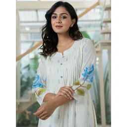 Indo Era Floral Printed Mandarin Collar Pleated Pure Cotton A-Line Kurta With Trouser-picture-14