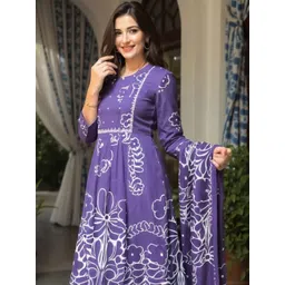 Indo Era Floral Printed Pure Cotton A Line Kurta With Trousers & Dupatta-image-48